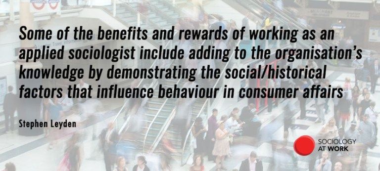 People going up and around stairs and escalators in a shopping centre. Text reads: Some of the benefits and rewards of working as an  applied sociologist include adding to the organisation’s knowledge by demonstrating the social/historical  factors that influence behaviour in consumer affairs
