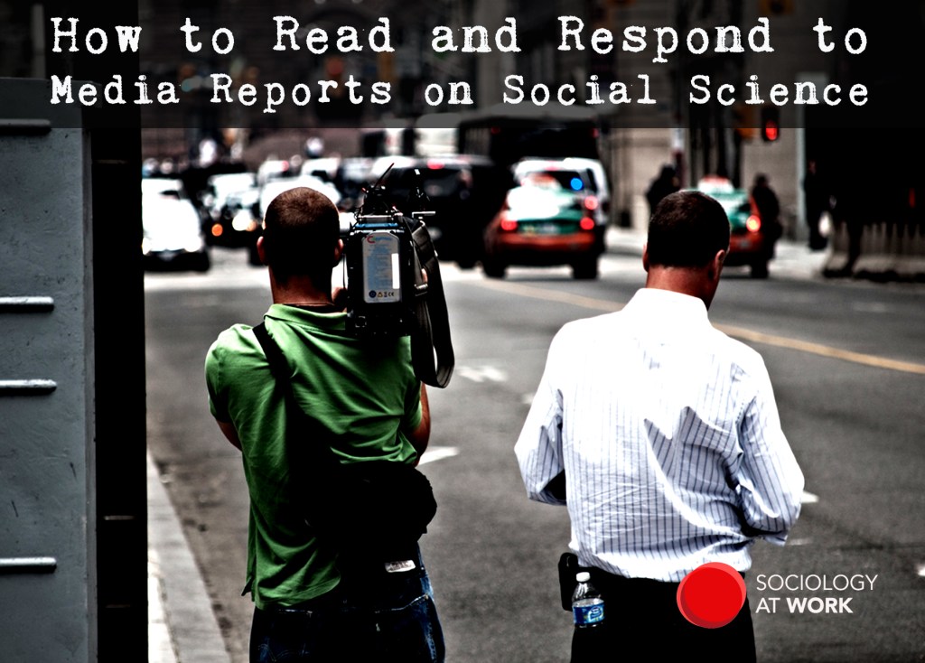 Two men's have their back to us, one of them holds a TV camera and is filming cars on the street. Heading says: How to Read and Respond to Media Reports on Social Science
