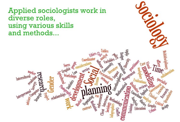 Wordcloud of sociology career keywords, including: research, planning, development, research, modelling 