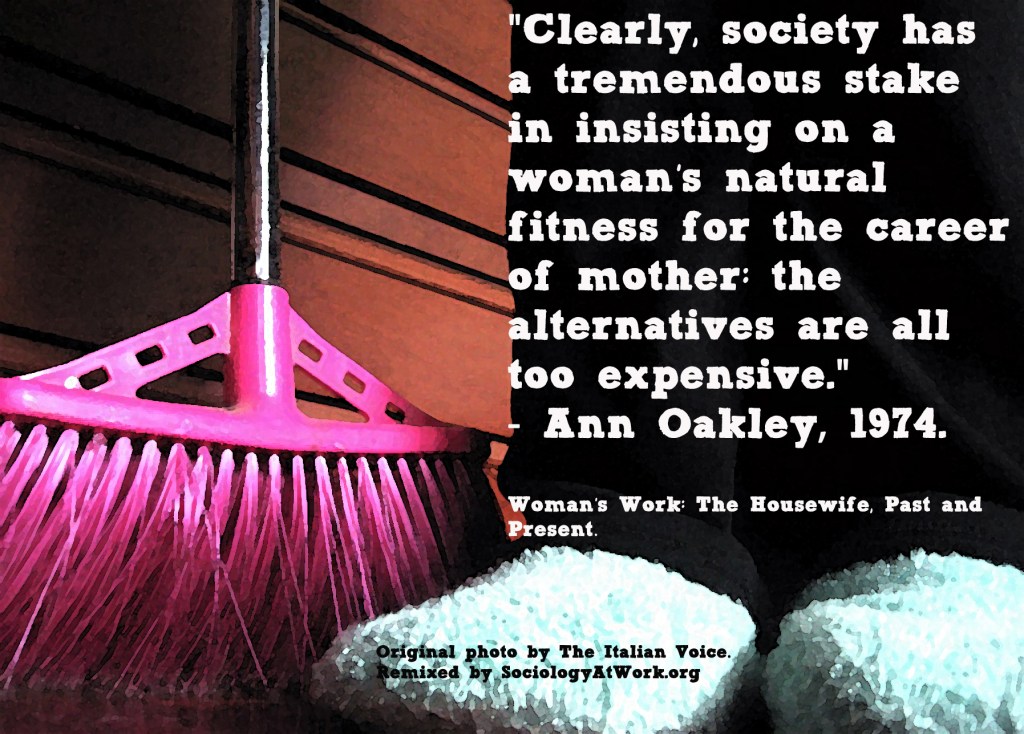 A pink broom bside fluffly white slippers and black pants. Quote says: Clearly, society has a tremendous stake in insisting on a woman’s natural fitness for the career of mother: the alternatives are all too expensive. – Ann Oakley, from Woman’s Work: The Housewife and Present, 1974.