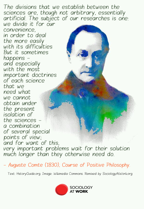 Drawing of Auguste Comte, a white man with thinning hairline who is wearing a high-collar jacket. Text reads: The divisions that we establish between the sciences are, though not arbitrary, essentially artificial... we need what we cannot obtain under the present isolation of the sciences - a combination of several special points of view; and for want of this, very important problems wait for their solution much longer than they otherwise need do. - Auguste Comte, 1830