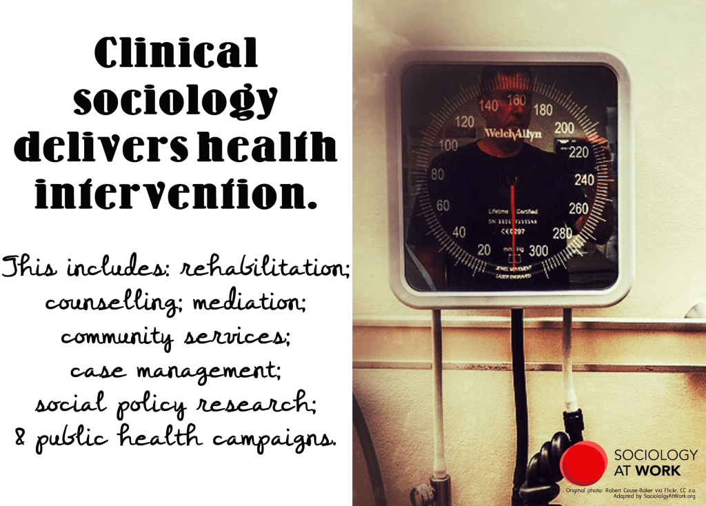 Image of a man's face reflected on a scale. Text on the left reads: Clinical sociology delivers health intervention.