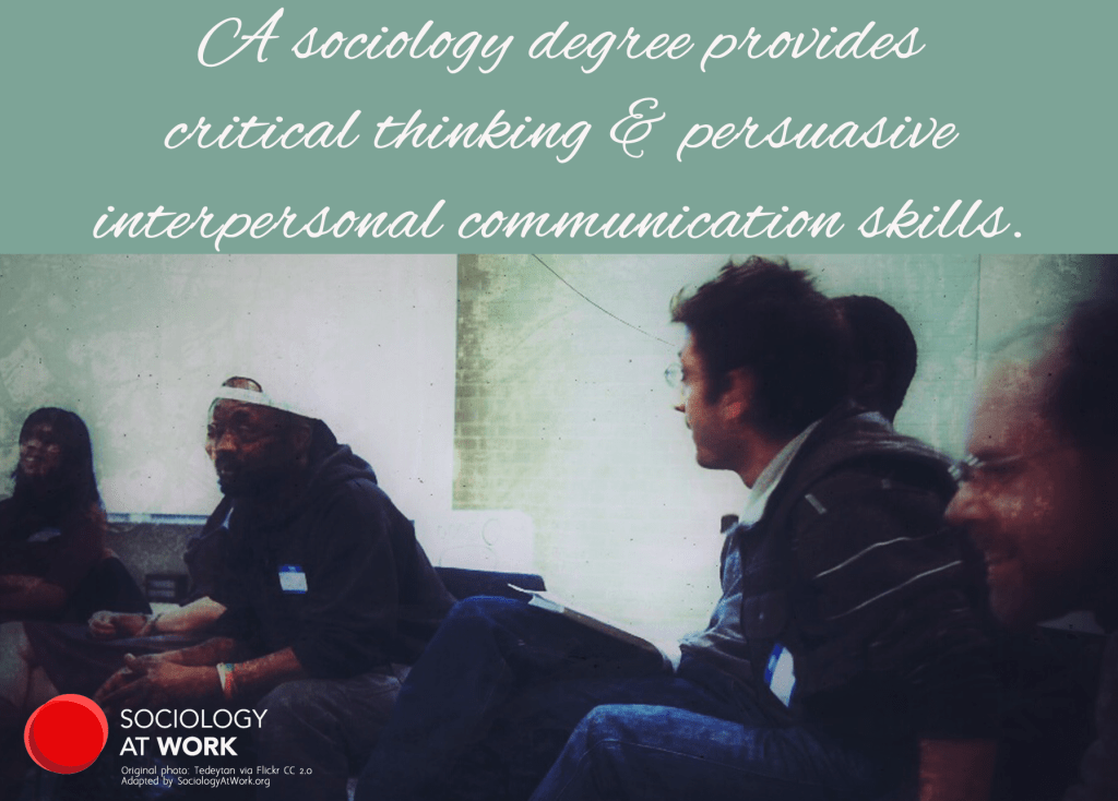 Students in a sociology class. Text reads: A sociology degree provides critical thinking & persuasive interpersonal communication skills