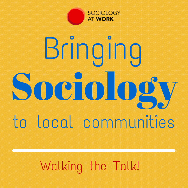Blue text against a yellow flower pattern. Text reads: Bringing sociology to local communities. Walking the talk!