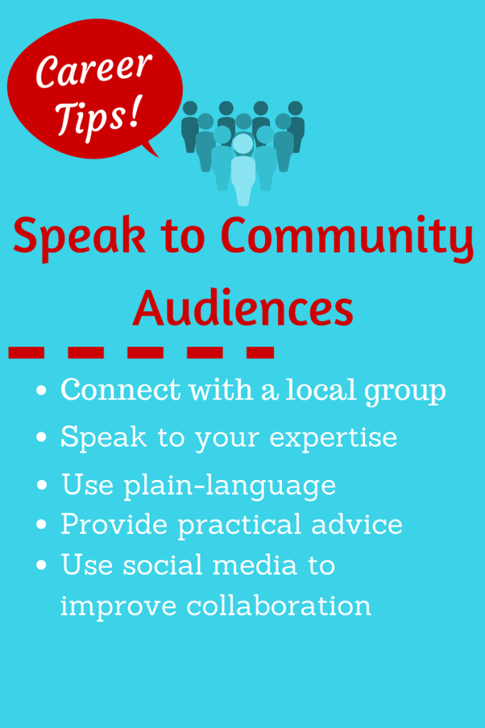 Icon of a group of figures at the top. Text reads: Career Tips: Connect with a local group; speak to your expertise; use plain-language; provide practical advice; use social media to improve collaboration