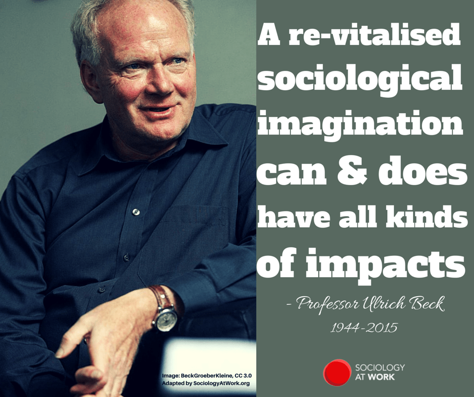 Ulrich Beck is a bald white man with grey thinning hair. He is smiling. Text reads: A re-vitalised sociological imagination can and does have all kinds of impacts. - Professor Ulrich Beck