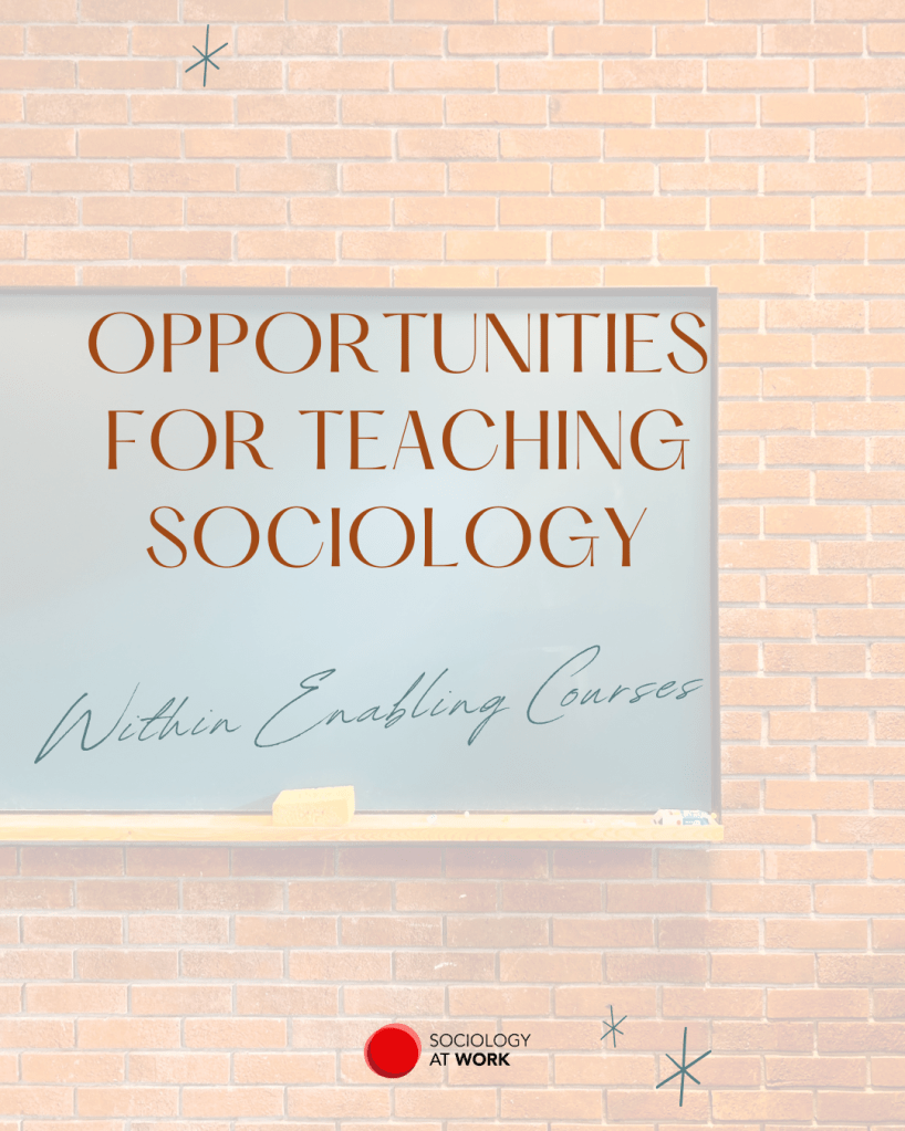 A blackboard in a classroom. Title reads: Opportunities for Teaching Sociology Within Enabling Courses