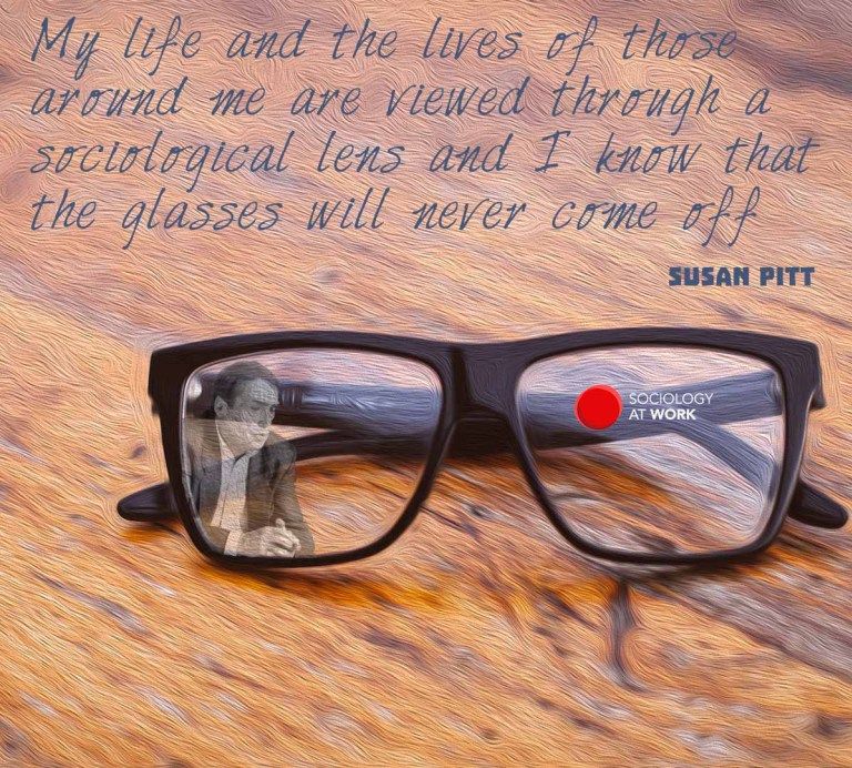 Painting of glasses on a table, with Pierre Bourdieu's face reflected. Text reads: My life and the lives of those around me are viewed through a sociological lens and I know that the glasses will never come off.