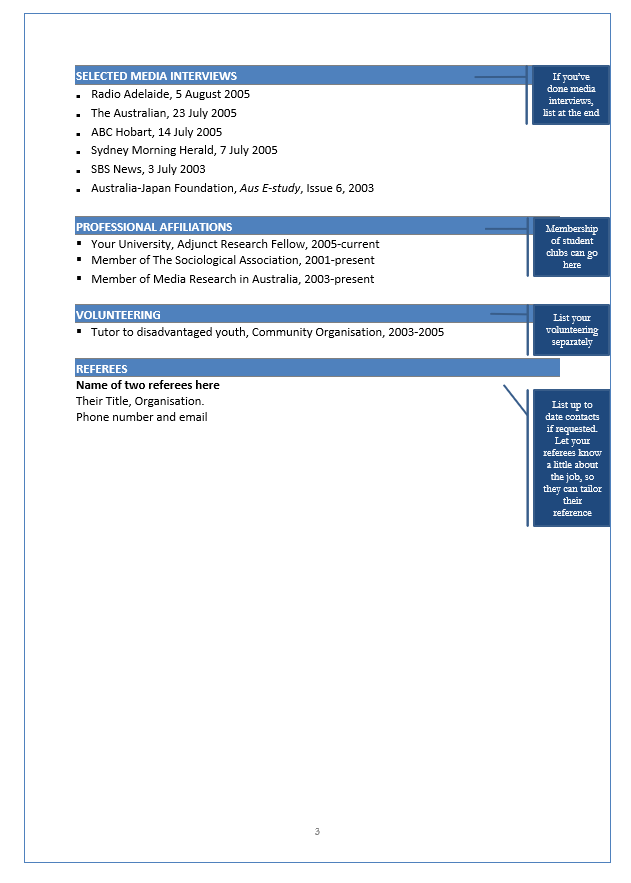 Page 3 of Sample of CV showing selected media interviews, professional affiliations, volunteering and referees 