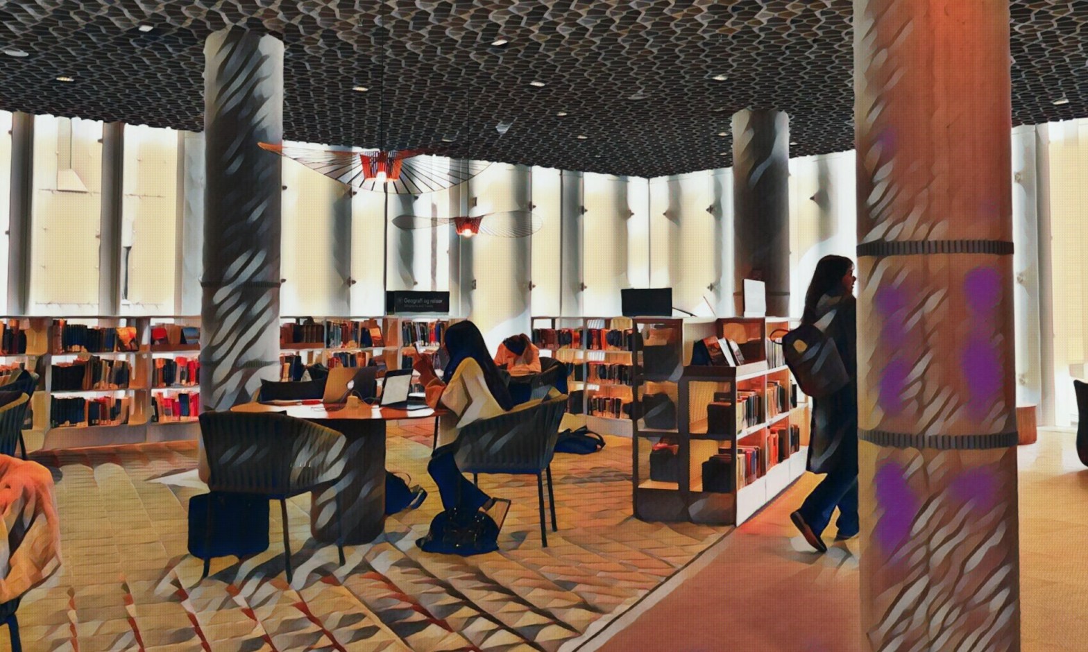 Drawing of people in a library working on their laptops and walking beside books