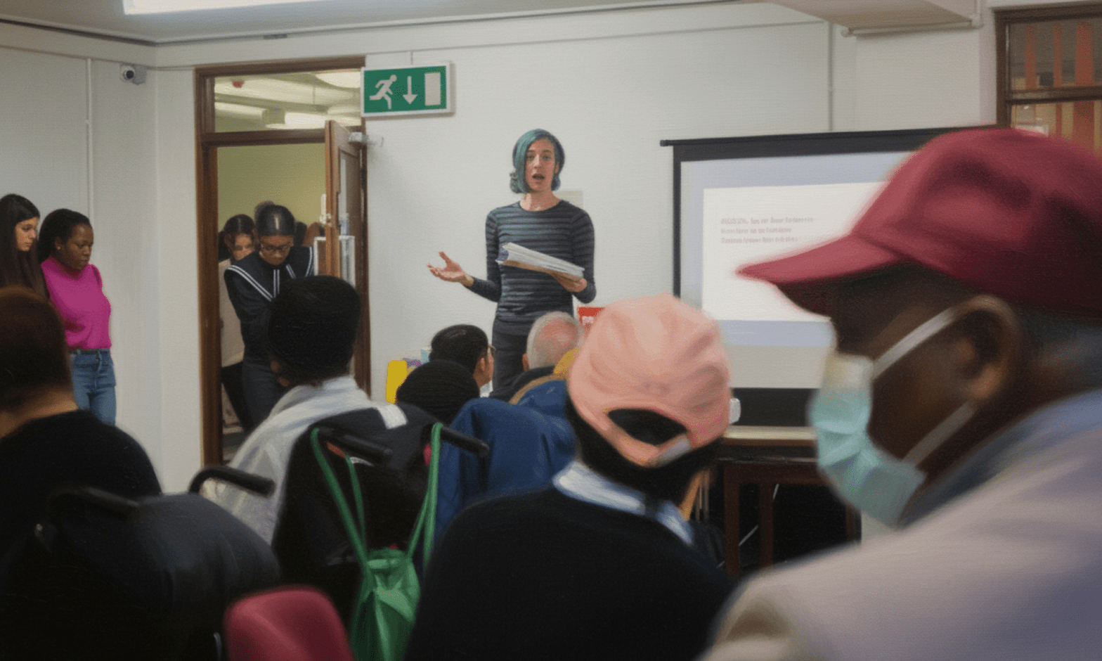 A white person is speaking in front of a packed room of diverse people