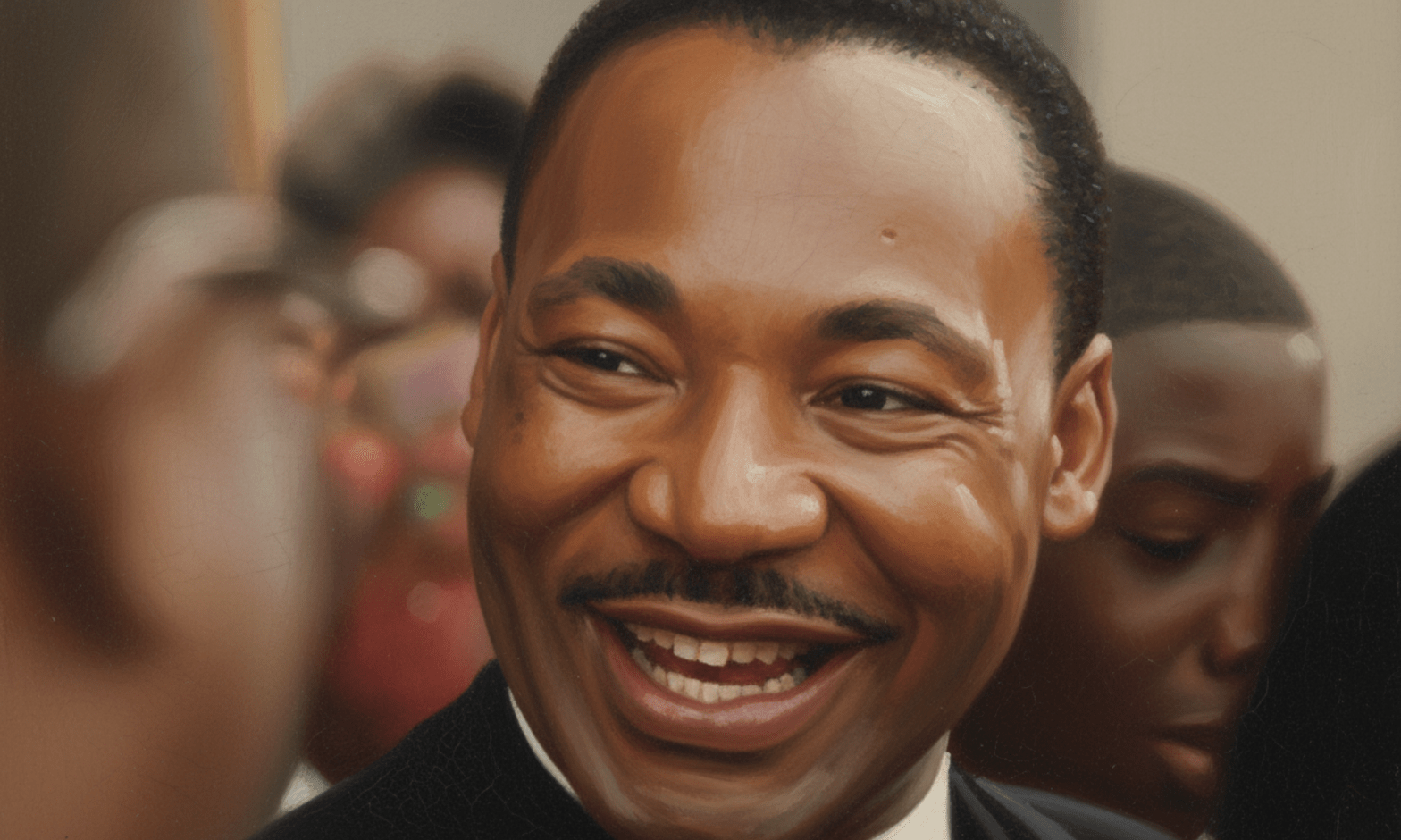 Dr Martin Luther King is a Black man with a moustache and buzz cut black hair. He smiles broadly