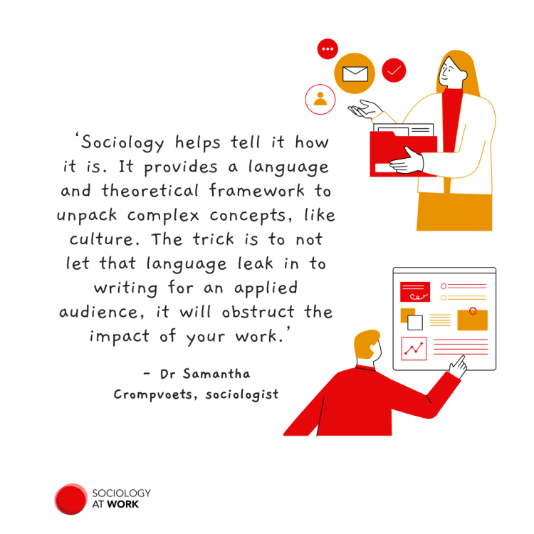 Infographic of a woman holding a folder, pointing to icons of emails a person and a tick. A man points to a document with graphs and text