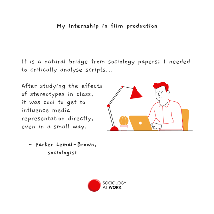 Illustration of a man sitting at a desk working on a laptop. Title says: my internship in film production