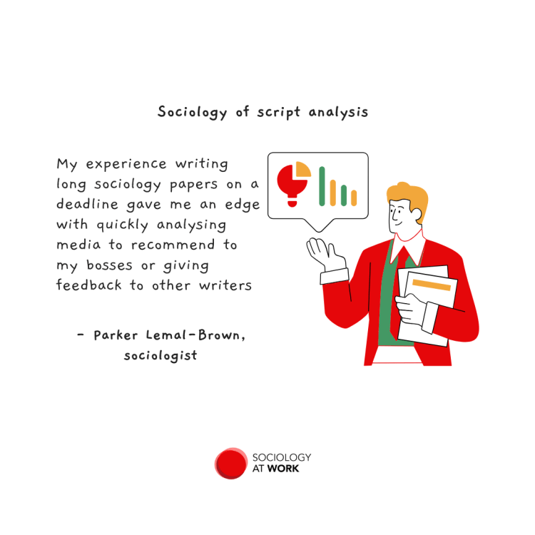 Illustration of a man holding out his hand, with a speech bubble beside him showing graphs