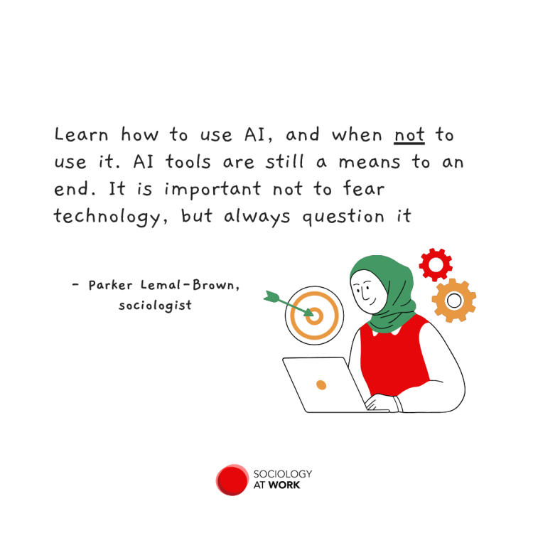 Illustration of a woman in hijab working on a laptop. Icons around her head of a bullseye and cogs. Quote says: learn how to use AI, and when NOT to use it