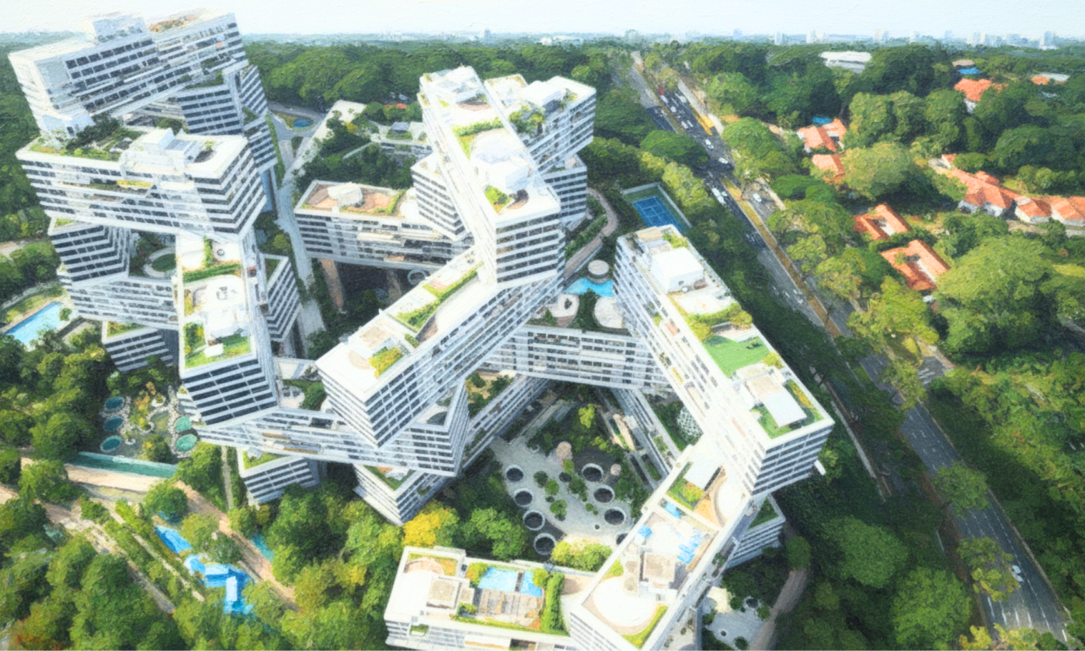 Aerial view of a building with green trees beneath
