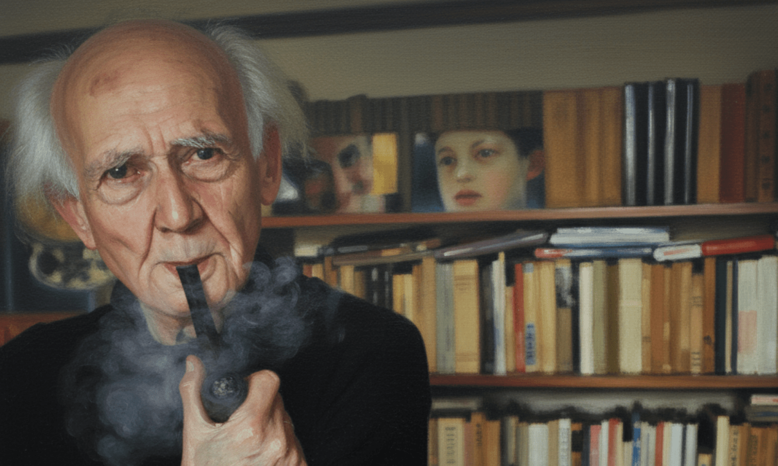 Zygmunt Bauman is a white man bald at the top with white hair fluffing out on the sides of his head. He is smoking a pipe in front of a bookcase