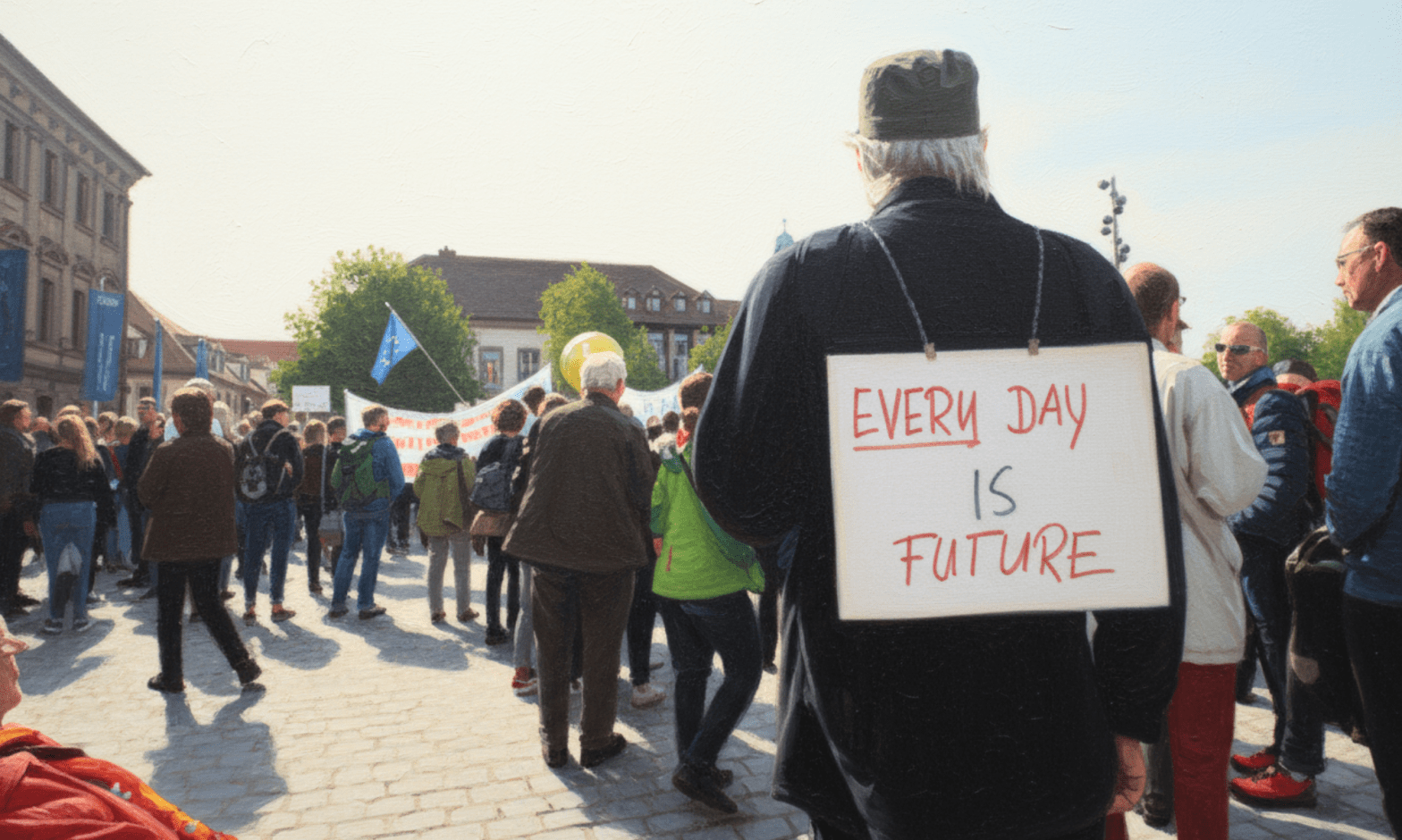 A man in the foreground with his back to us wears a sign over his back that says, 'Every day is future.' Other protesters are holding flags and banners in the background