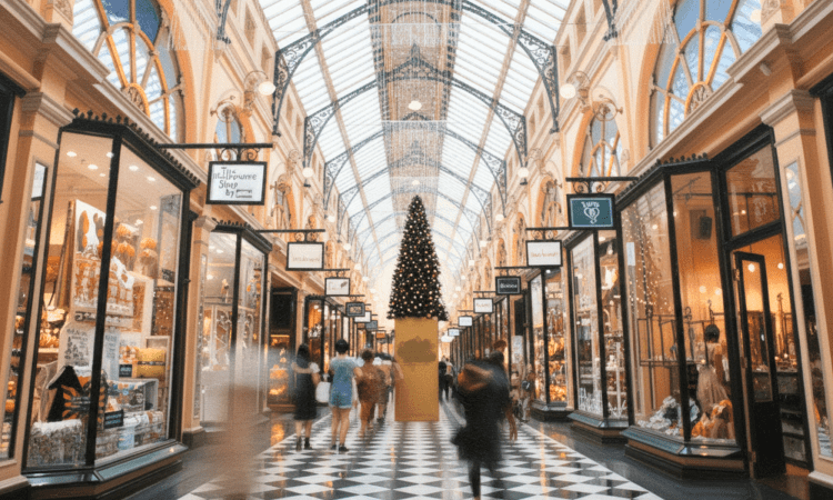 Shopping arcade in Melbourne decorated for Christmas, with a Christmas tree in the centre and people blurry, rushing around