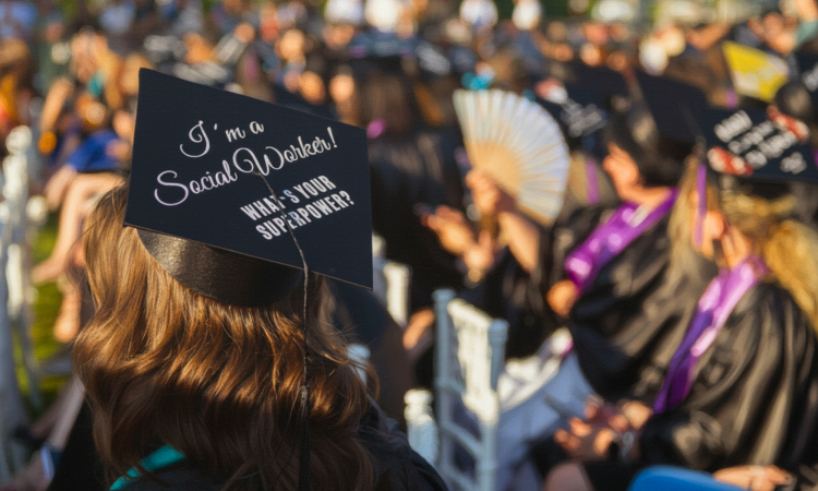 A student wears a graduation cap that says: 'I'm a social worker! What's your superpower?'