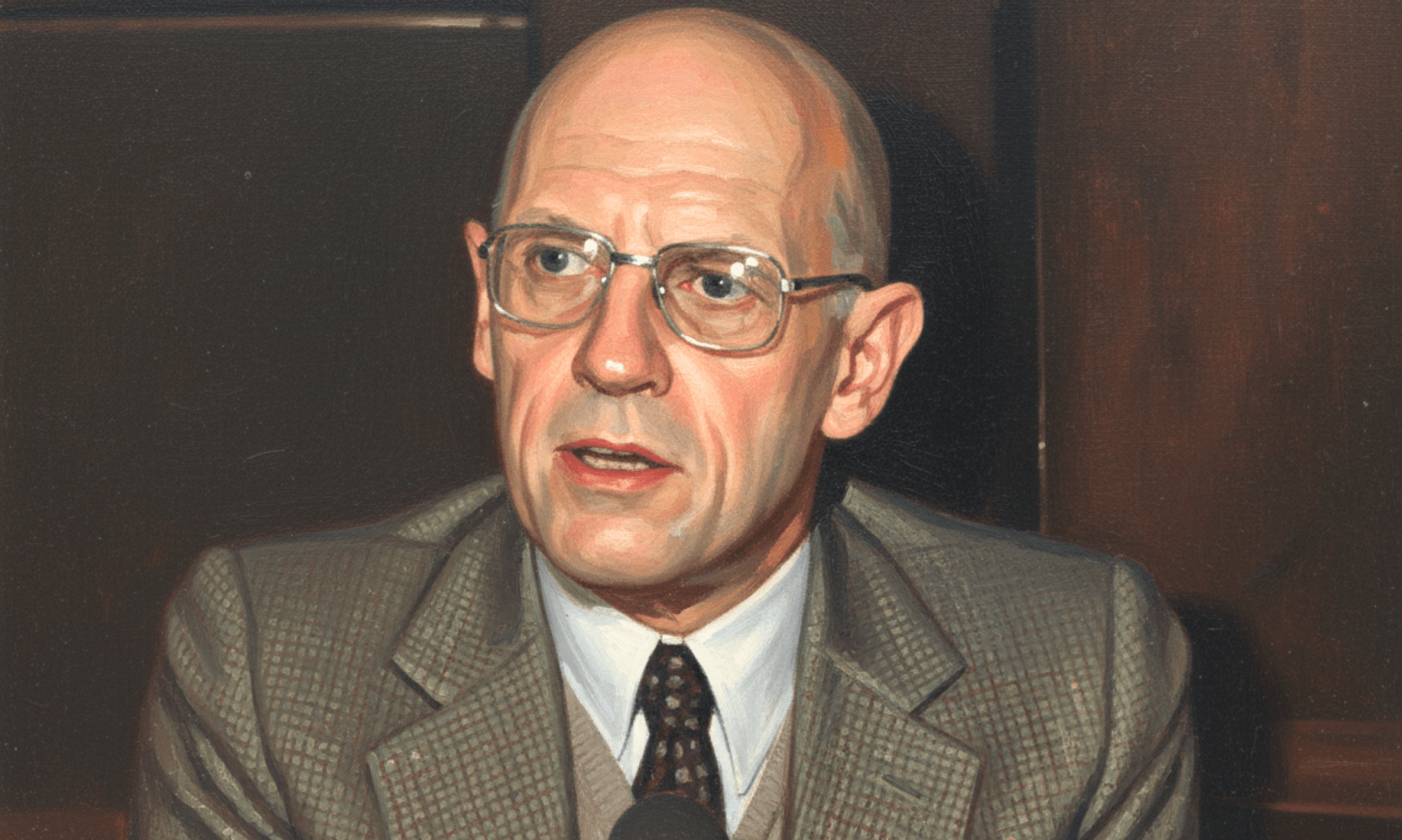 Foucault is a white man who is bald and wears glasses and a checkered suit