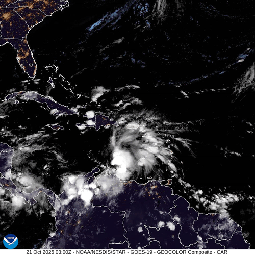 Satellite image of Hurricane Melissa shows fast moving winds sweeping over the sea and land