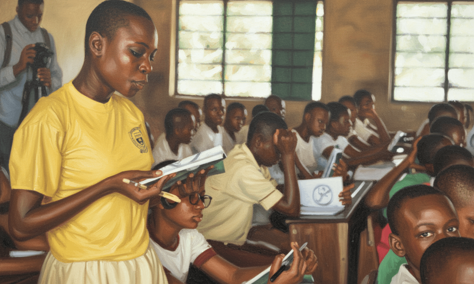 A young Nigerian girl stands and reads from a book in a packed classroom of students