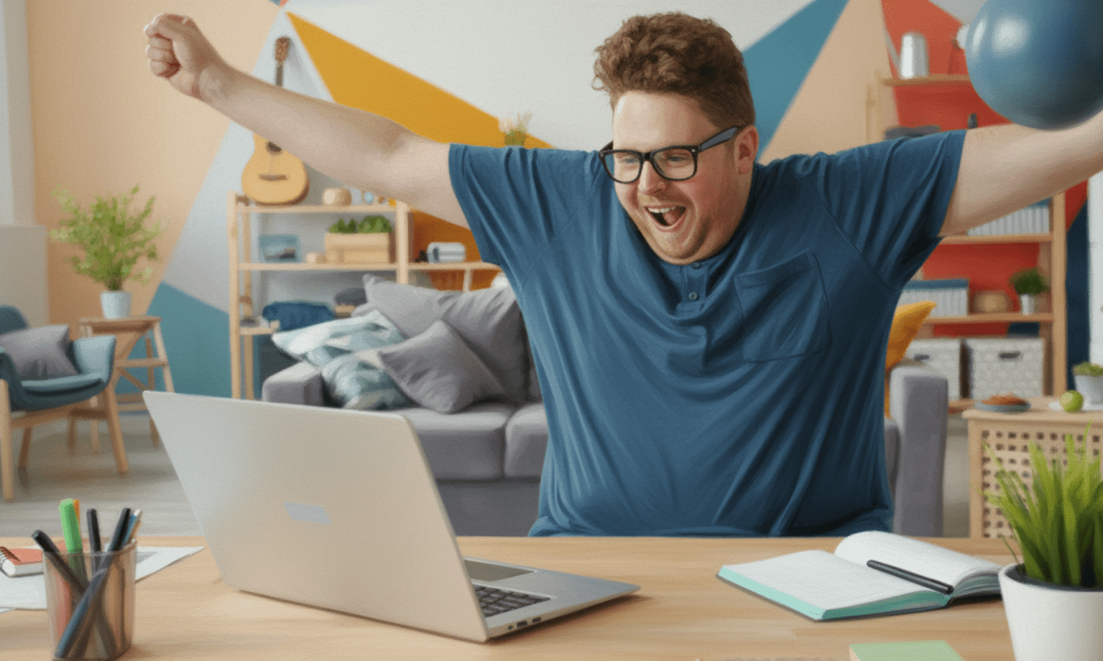 A white man with red curly hair holds his arms out in a 'victory' pose with his wide open smile as he looks at his laptop