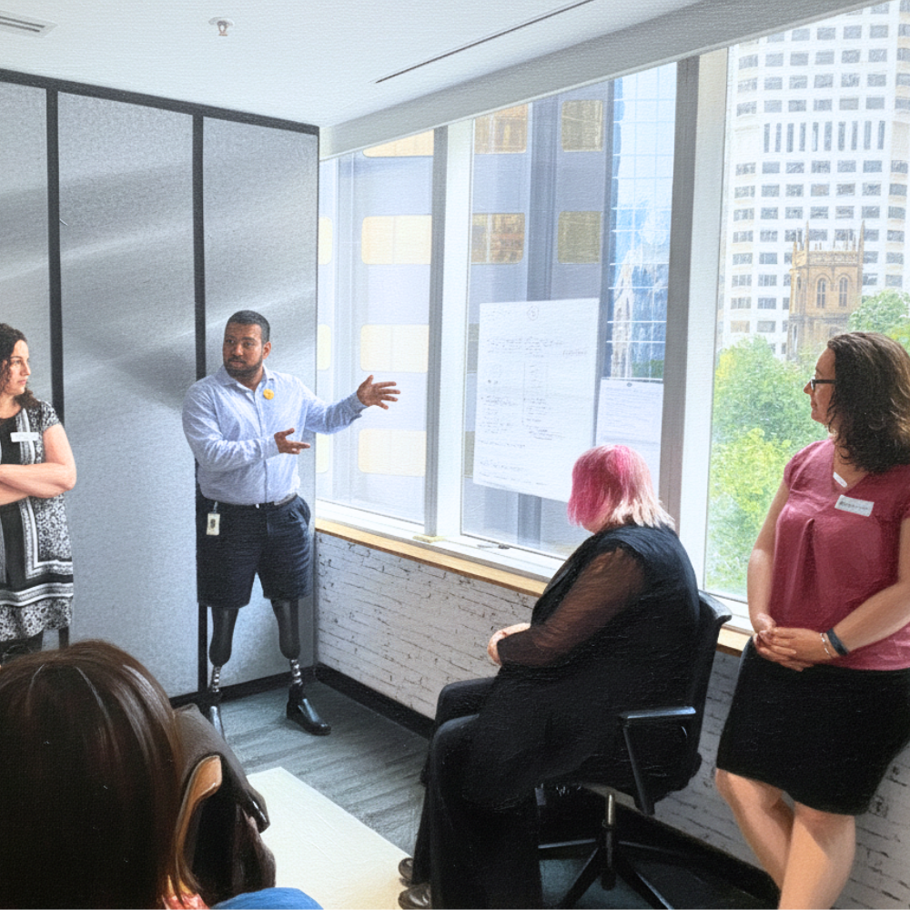 A disabled man points at a large sheet of paper taped to the window while his team listens