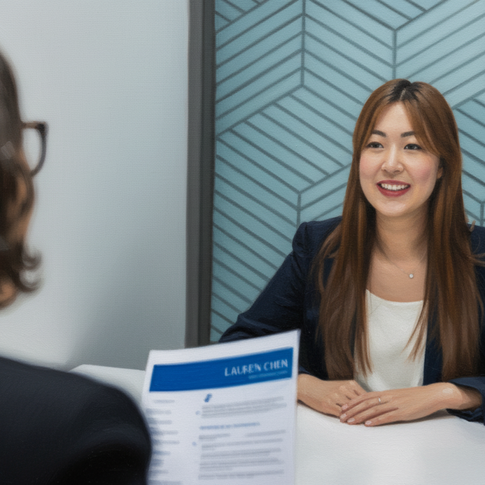 An Asian woman is smiling looking at another woman who is holding her resume