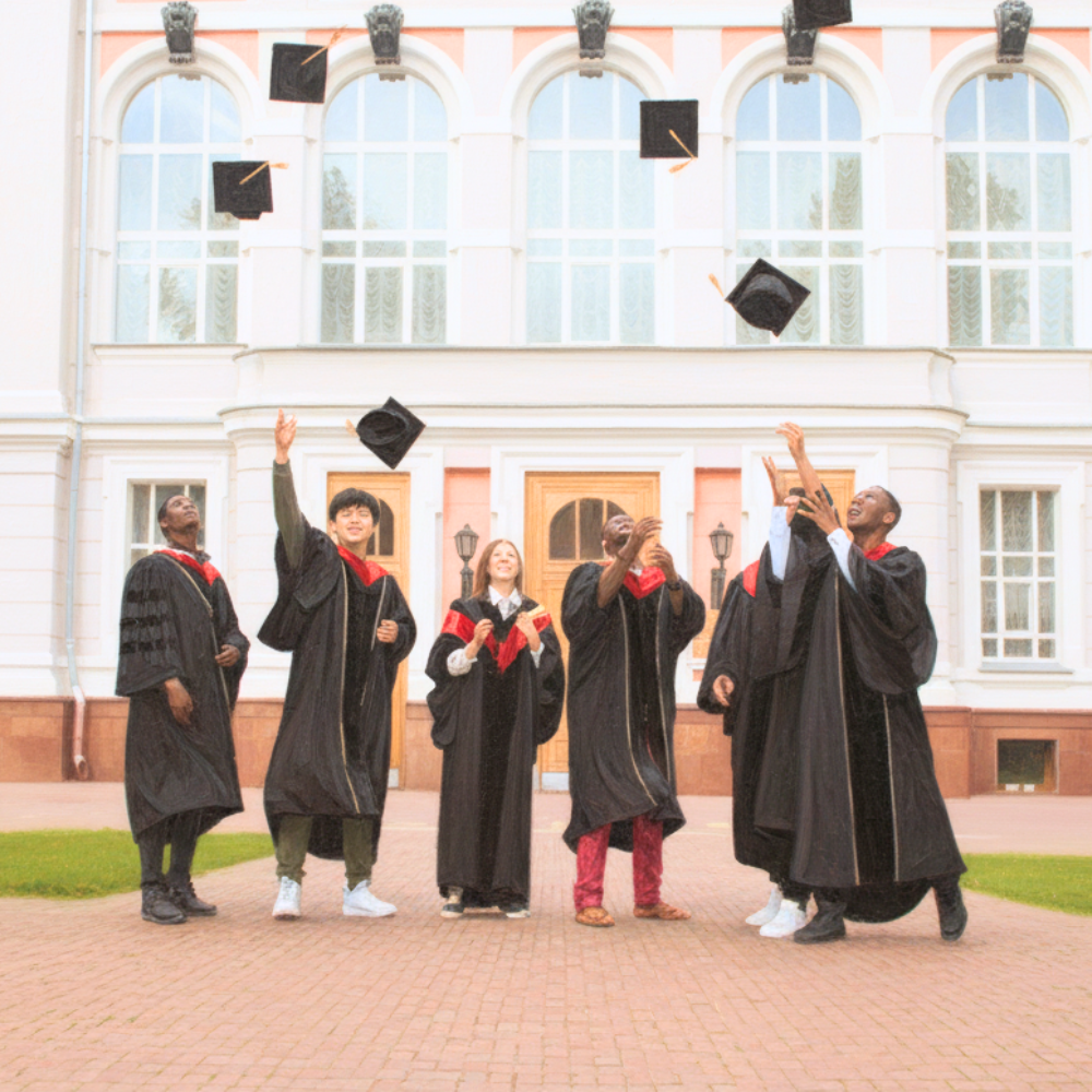 Five Black and Asian men and a white woman in graduation gowns throw their caps in their air, outside of their university