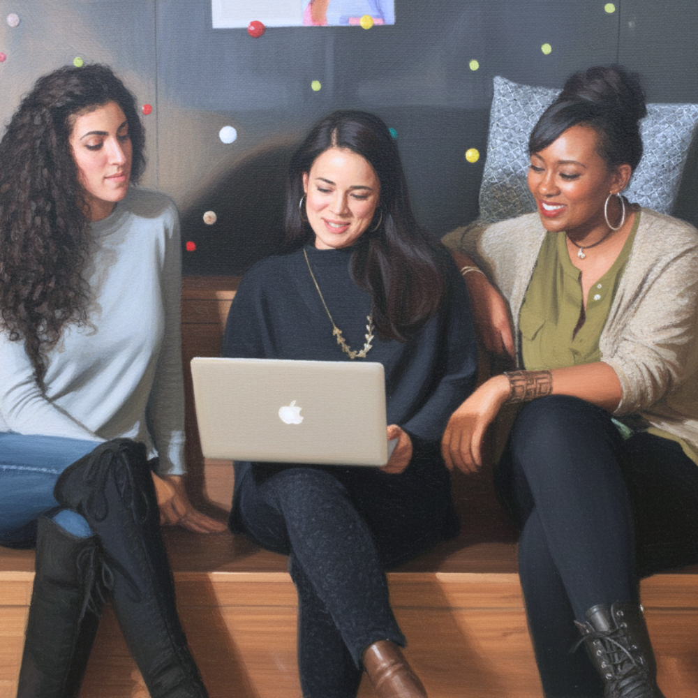 Three women sit and watch something on a laptop