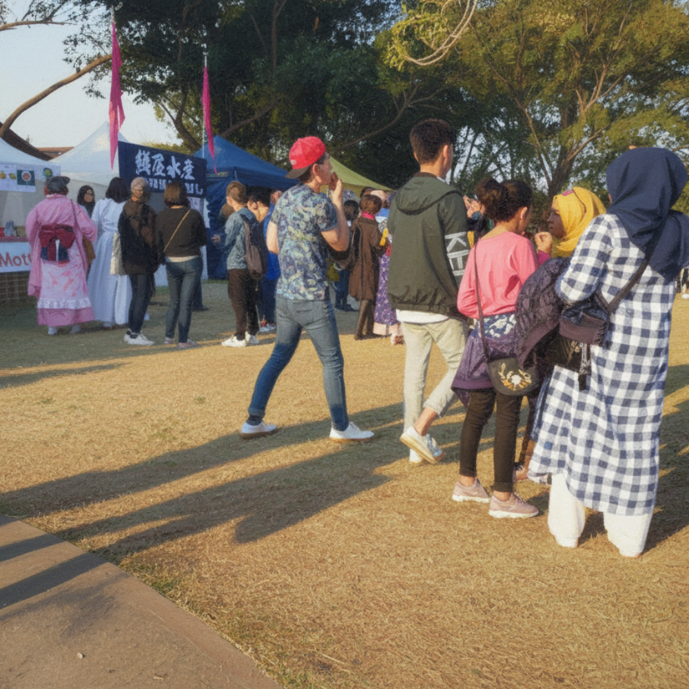 Women in hijab line up at a festival. In the background are stalls, with Japanese women dressed in kimonos