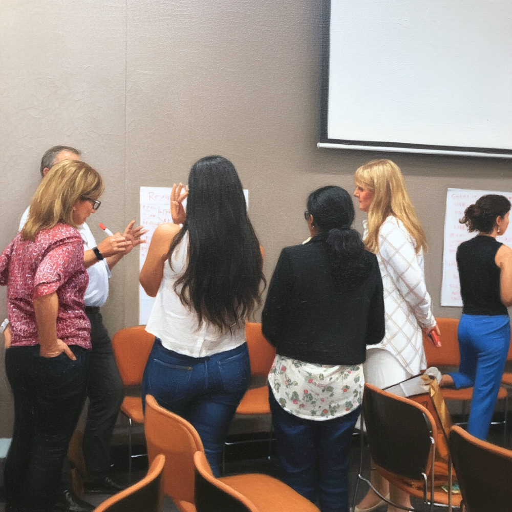 Diverse group of people huddled together workshopping ideas on butchers paper stuck to the wall