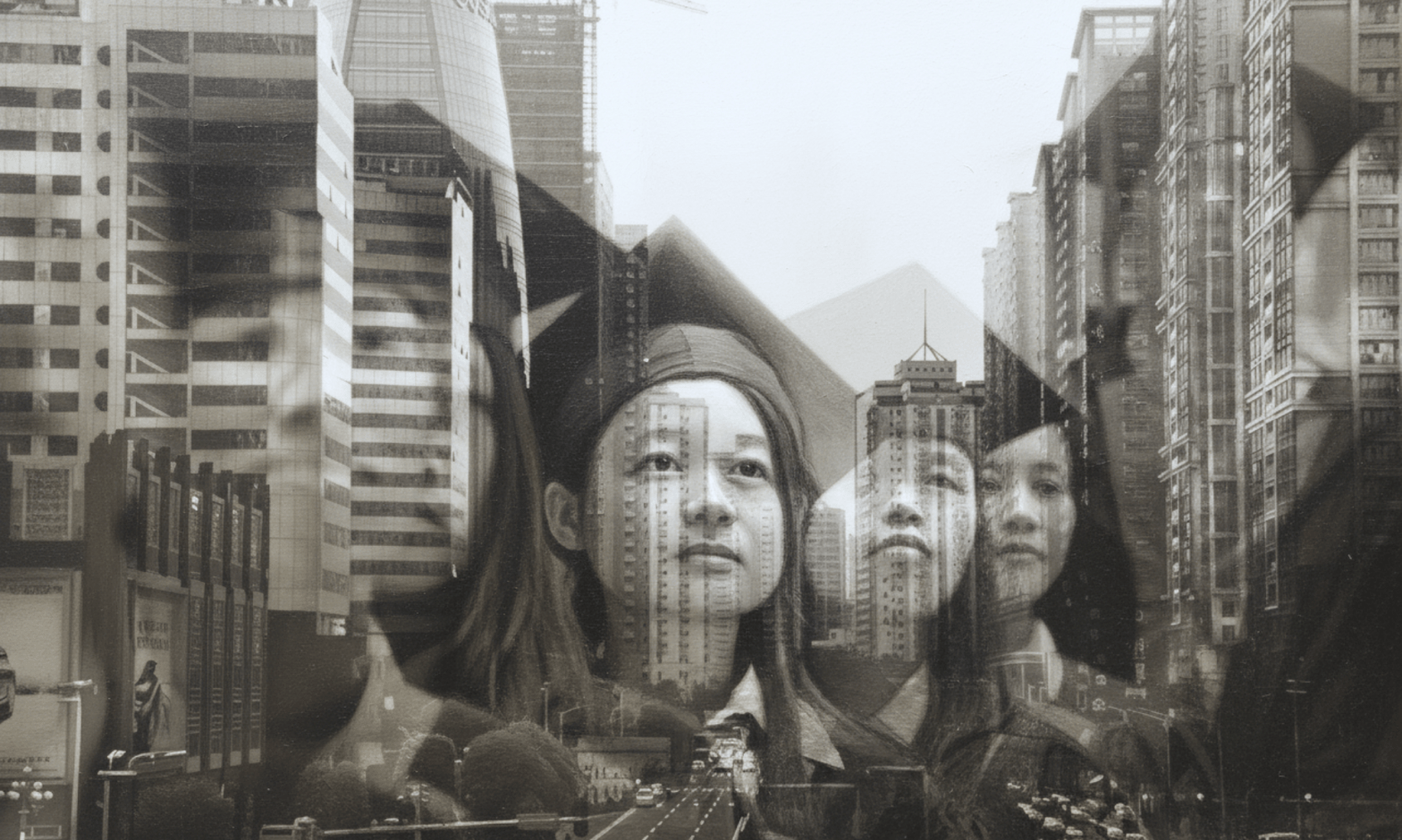 Asian students wearing graduation caps and gowns are superimposed over a cityscape