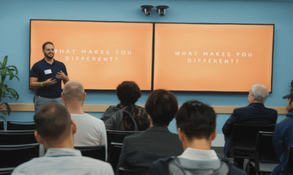 Parker Lemal-Brown is a white man with black hair and a beard. He stands in front of a crowd, with monitors behind him saying, "what makes you different?"