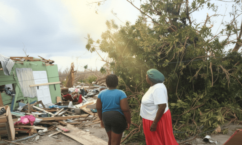 Two Black women face away, looking at a flattened house and debris, beside fallen trees