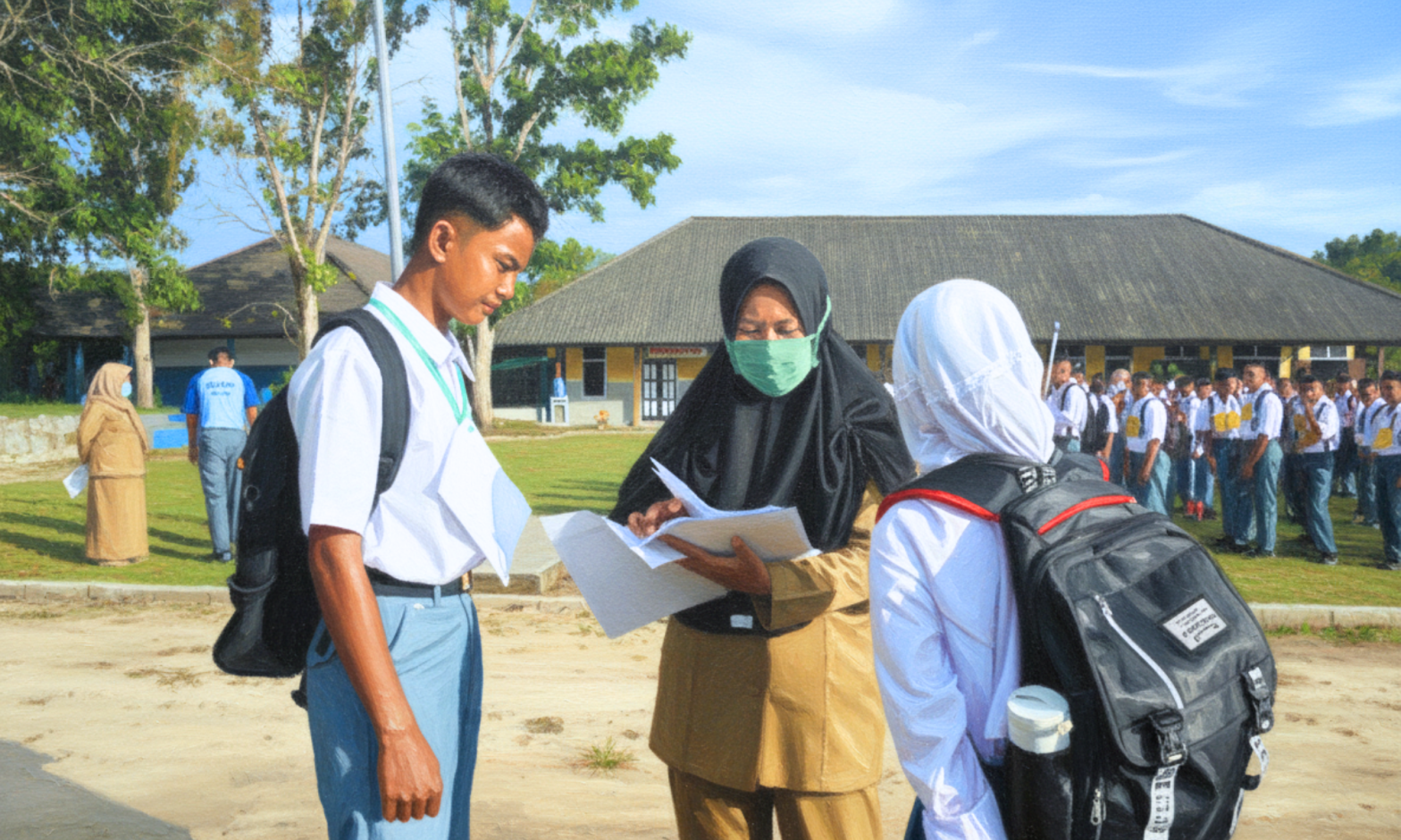 A Malaysian teacher wears a hijab and face mask, while looking over some papers, while two students look on. They are outdoors, with other classmates and teachers in the background