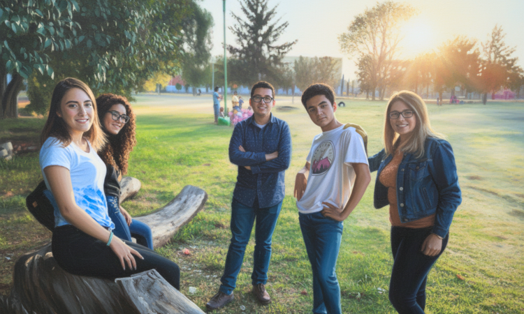 Painting of five young adults smiling and positing in a park