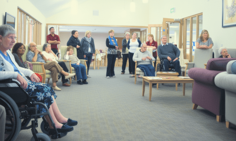 Elderly people sit around a room, looking to the front, with workers in the background