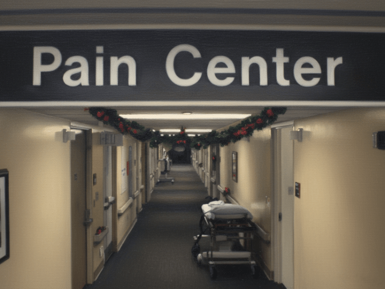 Drawing of a hospital hallway with a rolling bed in the centre, a sign reads: Pain Centre