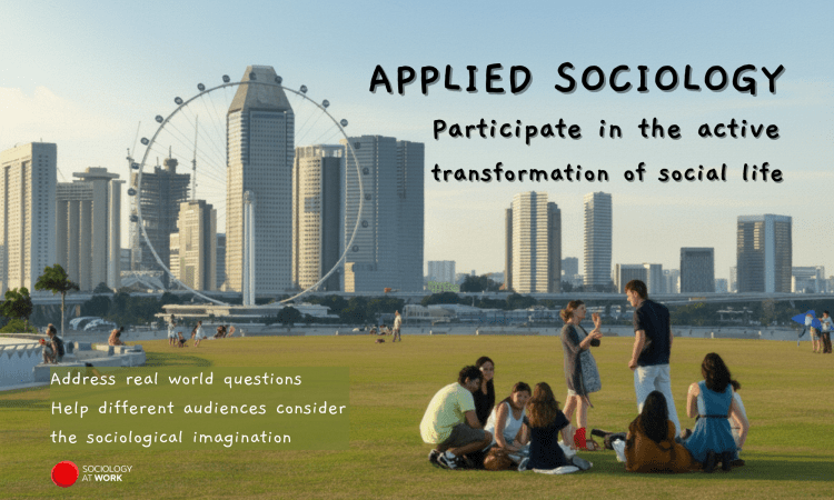A multiracial group in Singapore stand and sit in a park while talking. In the background is a feris wheel and further away are skyscrapers. Text reads: Applied sociology: Participate in the active transformation of social life. Address real world questions. Help different audiences consider the sociological imagination