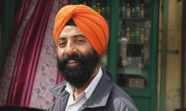 Sikh man in an orange turban is smiling in front of a green door