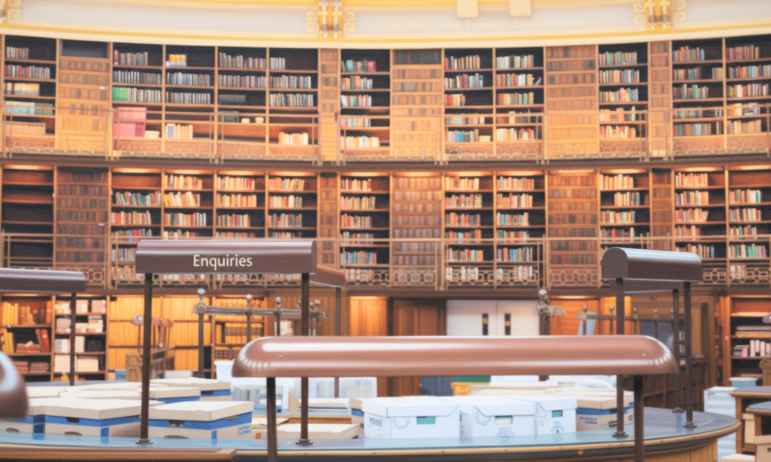 An inquiries desk of a library in the foreground is full of cardboard boxes, with tall shelves in the background