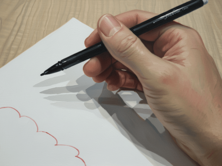 A white person's hand holds a pencil over a white piece of paper