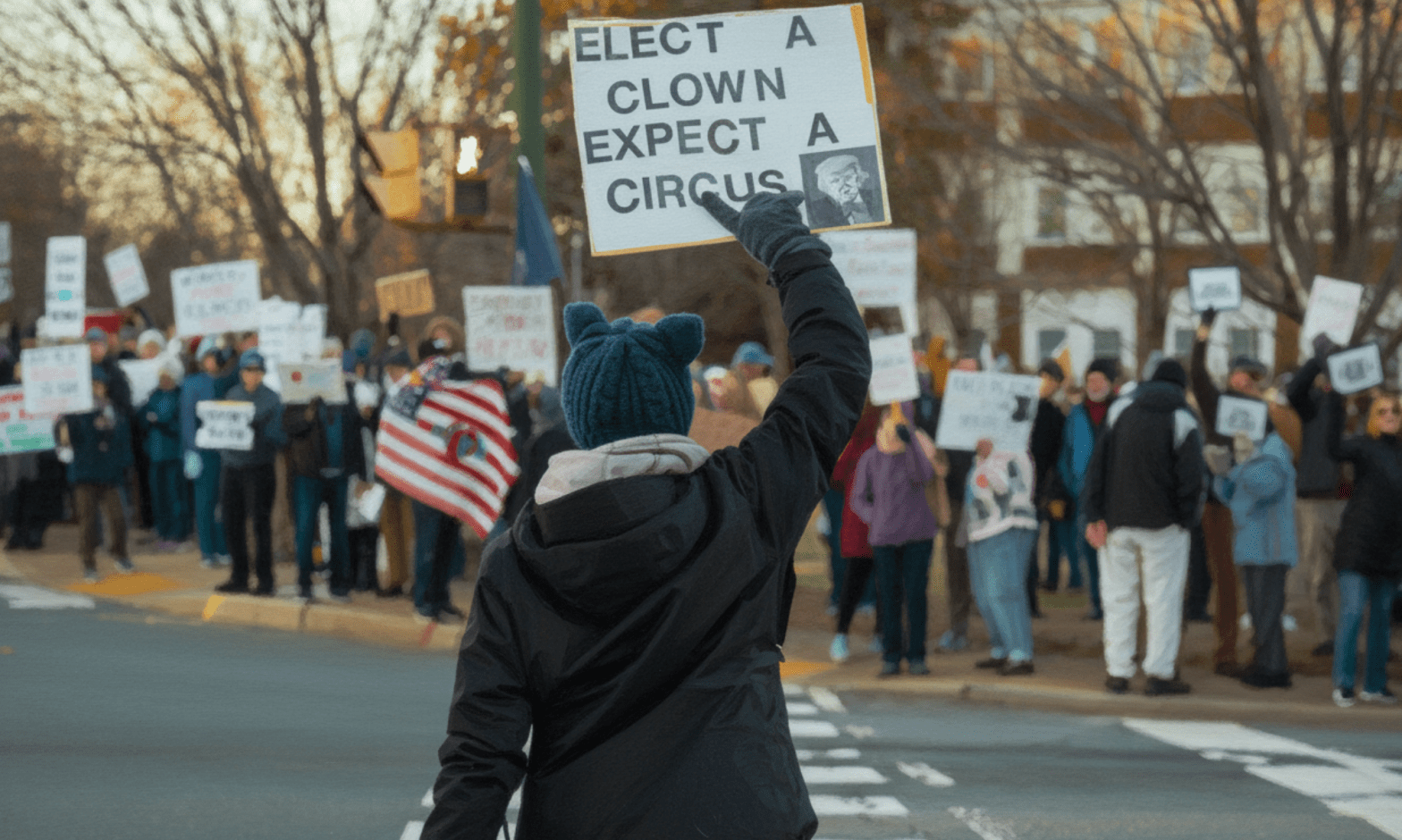 A woman holds up a sign with Donald Trump's picture. It says: Elect a clown, expect a circus. In the background protesters hold sings and the USA flag.