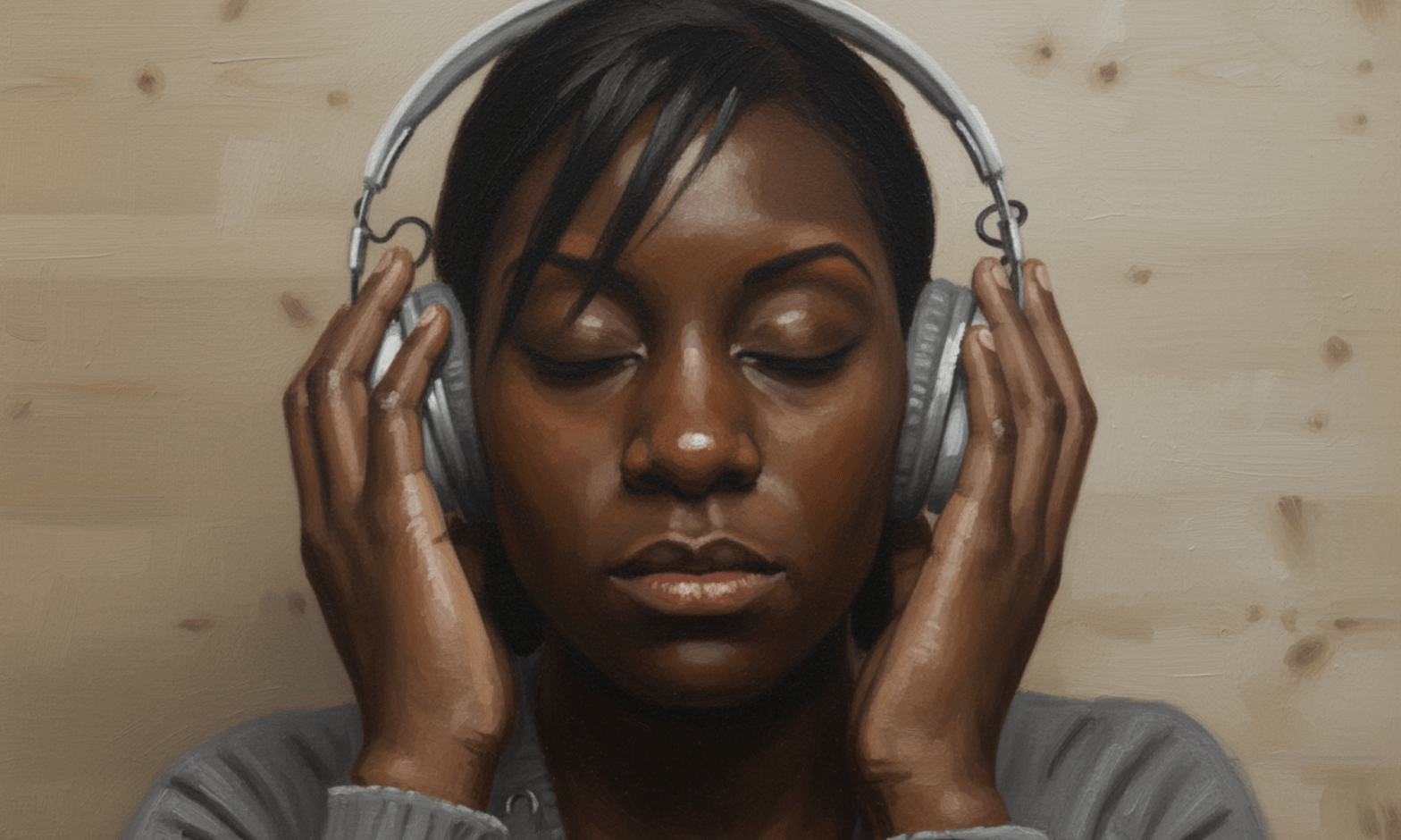 A young Black woman holds her hands to her earphones, and listens with her eyes closed