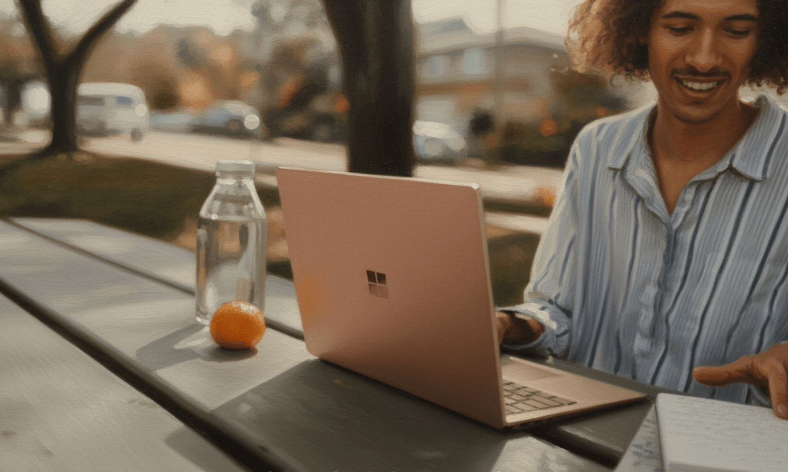 A Black man sits outdoors smiling as he checks a book and writes on his laptop