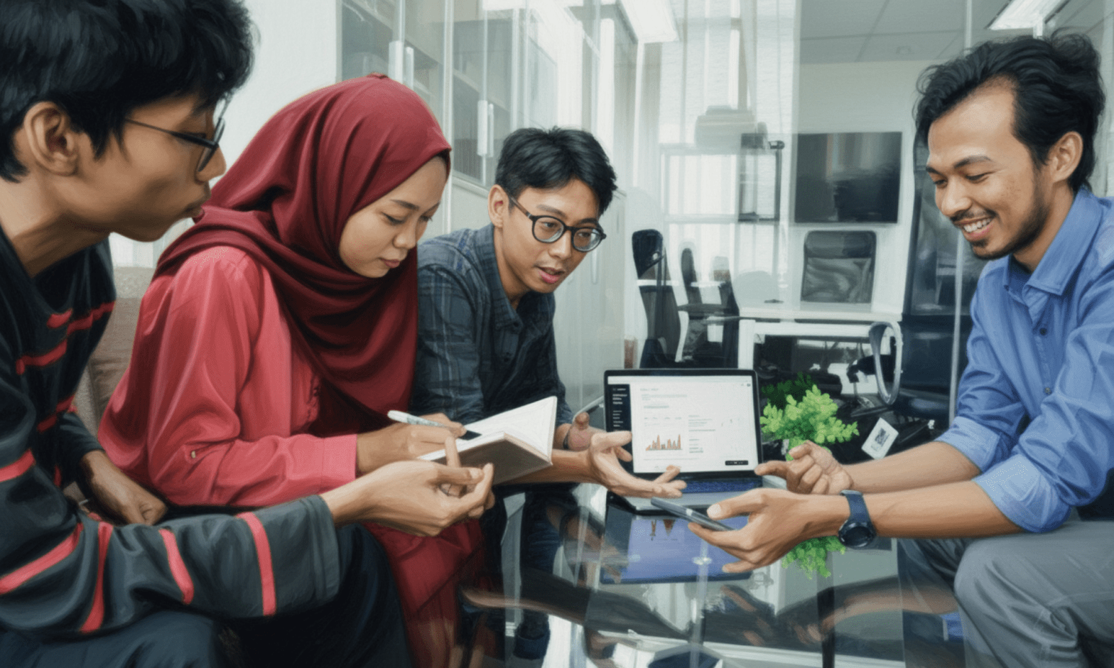Three Asian men and an Asian woman in hijab are in a meeting room with a laptop, phone and writing in a book